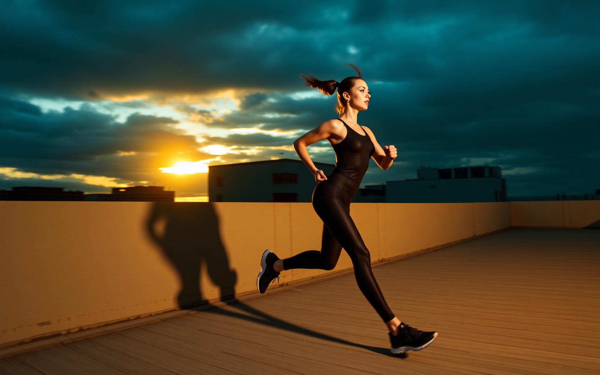 Atleta em corrida ao amanhecer com performance wear FitBalla